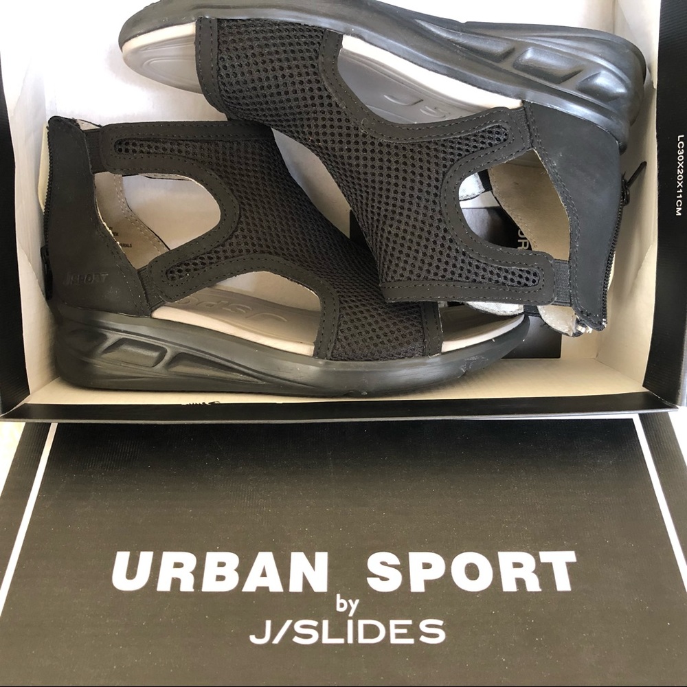 Black sporty sandal by JSlides, size 6